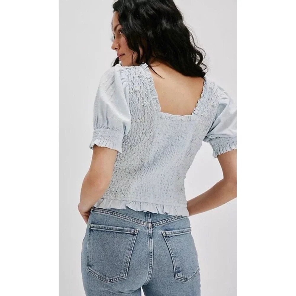 Free People Cecelia Puff Sleeve Smocked embroidered‎ Rosette Cute Top Size L $98